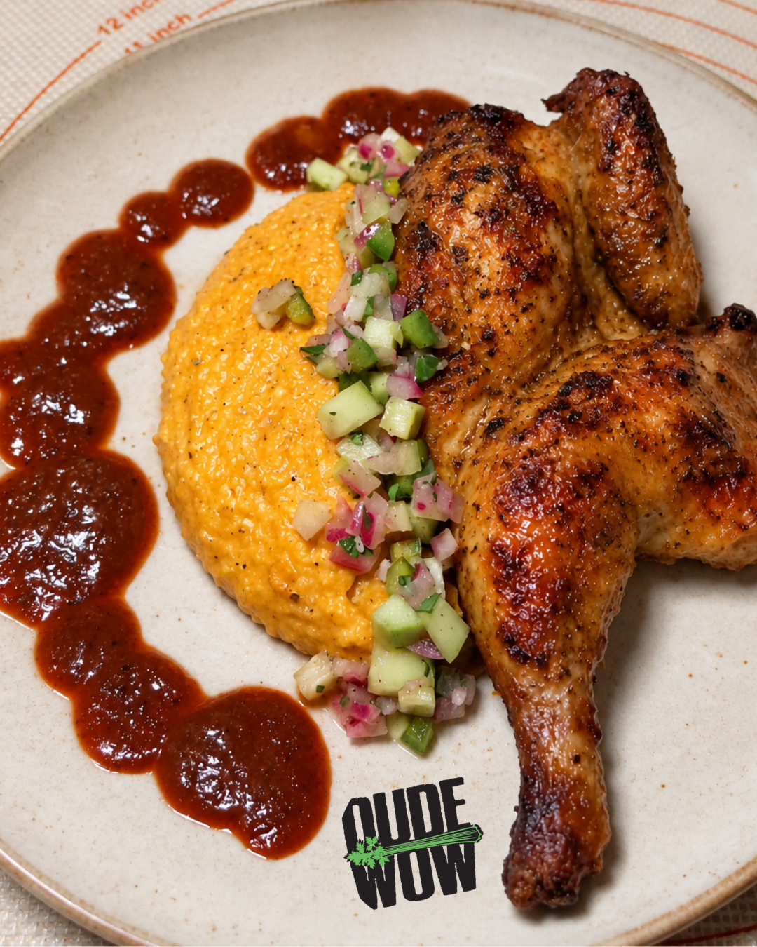 Dude Wow Bloody Mary Conish Hens on a plate over cheesy grits and celery relish