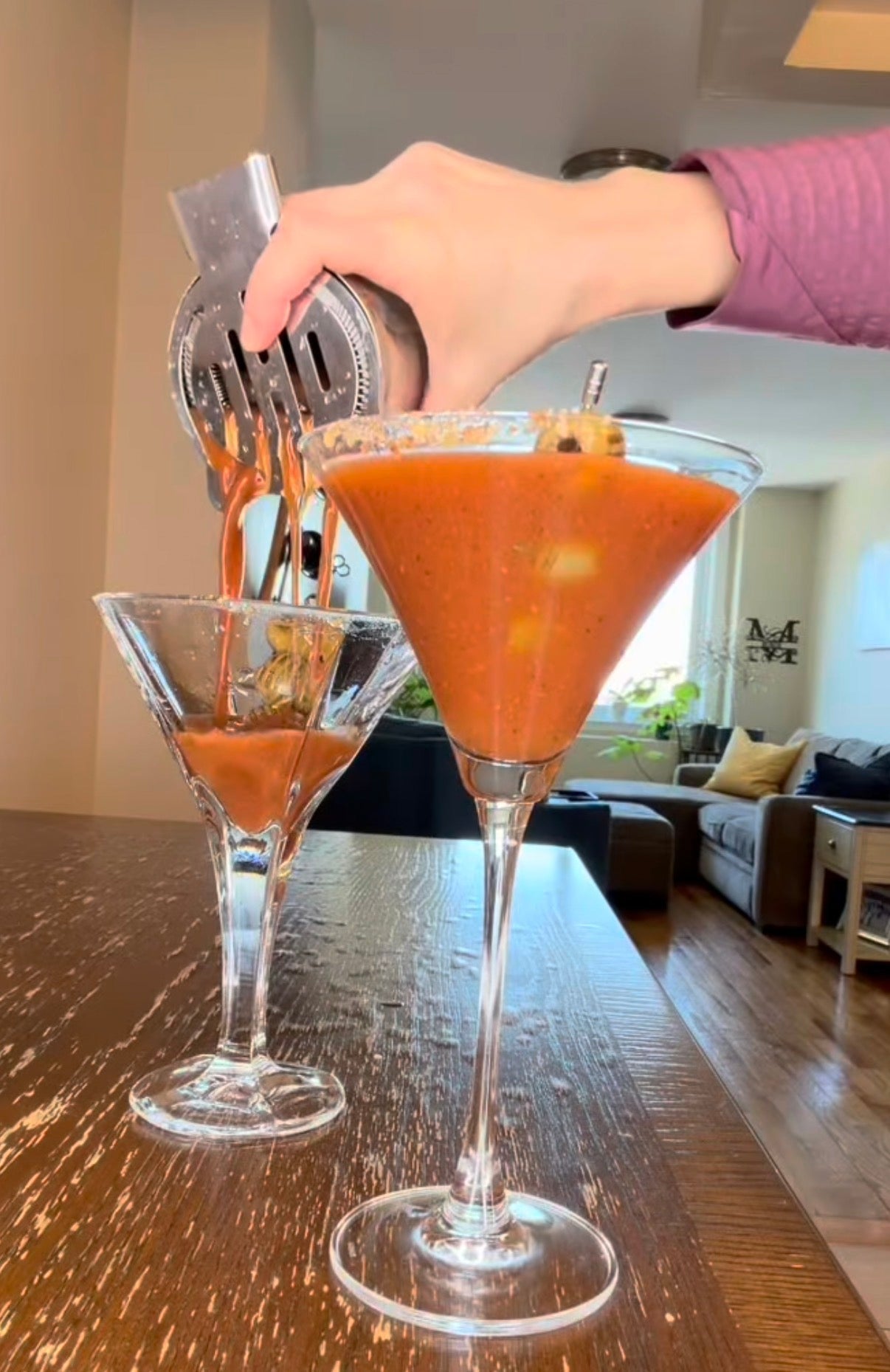 Bloody Smoke Show drink. Bloody Mary style drink w Mezcal in a martini glass