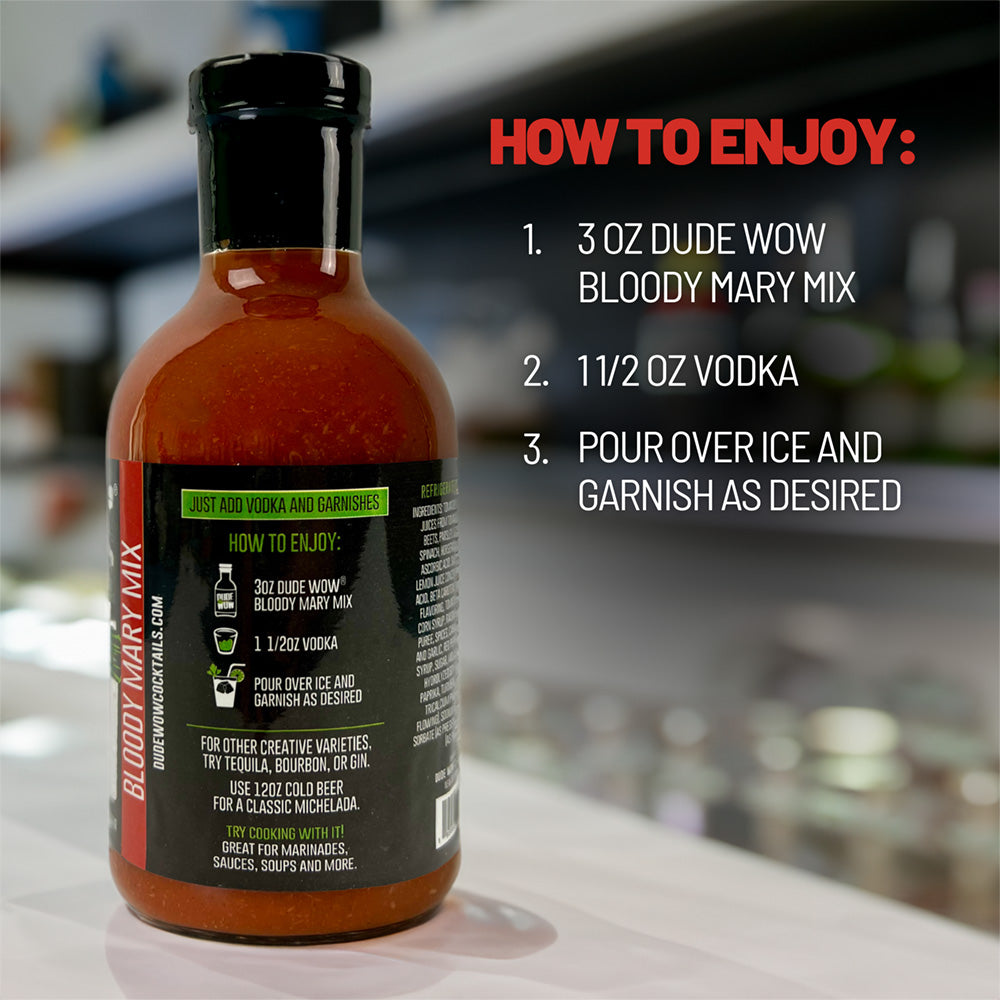 Add 3 ounces of Dude Wow Bloody Mary Mix, 1 1/2 ounces of Vodka and pour over ice