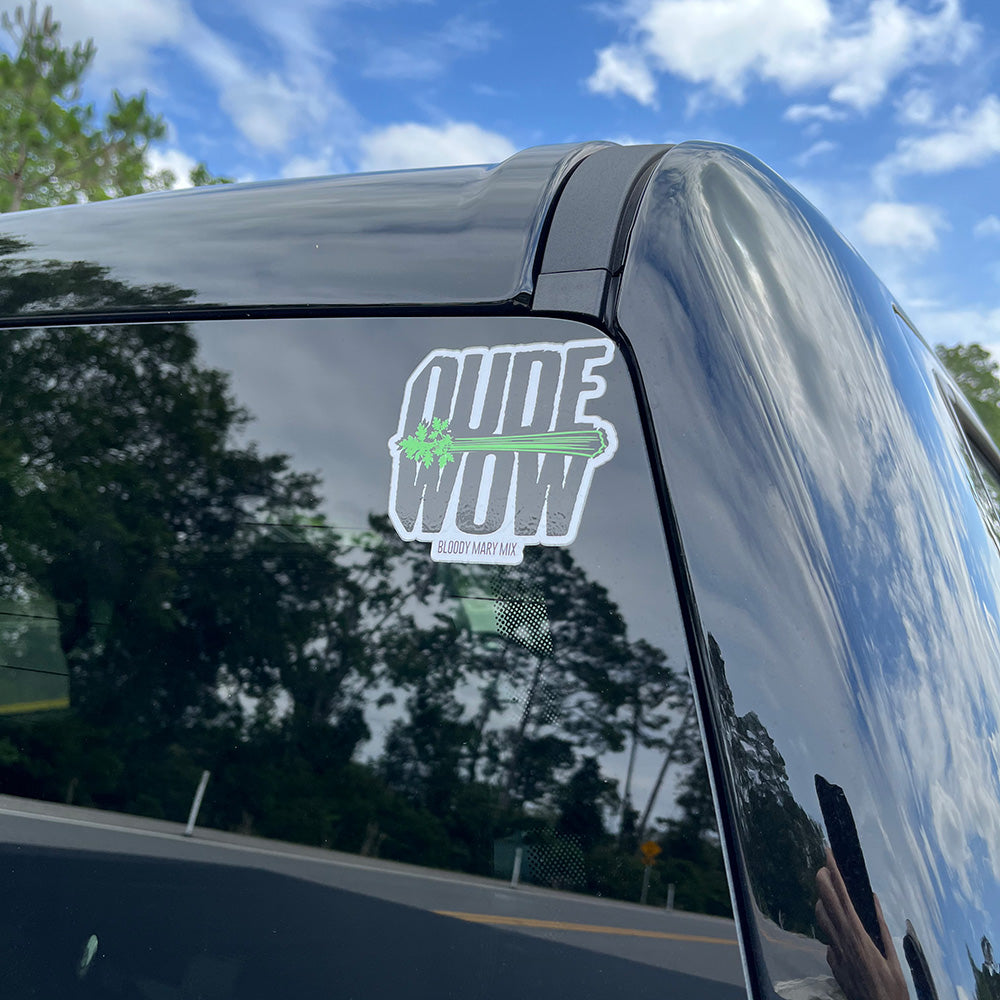 Dude Wow Decal on the backside of a Car Windshield